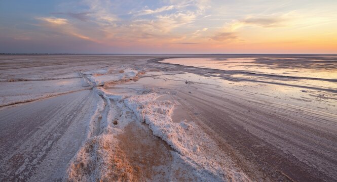 Wide saline landscape featuring unusual natural textures and dawn color palette