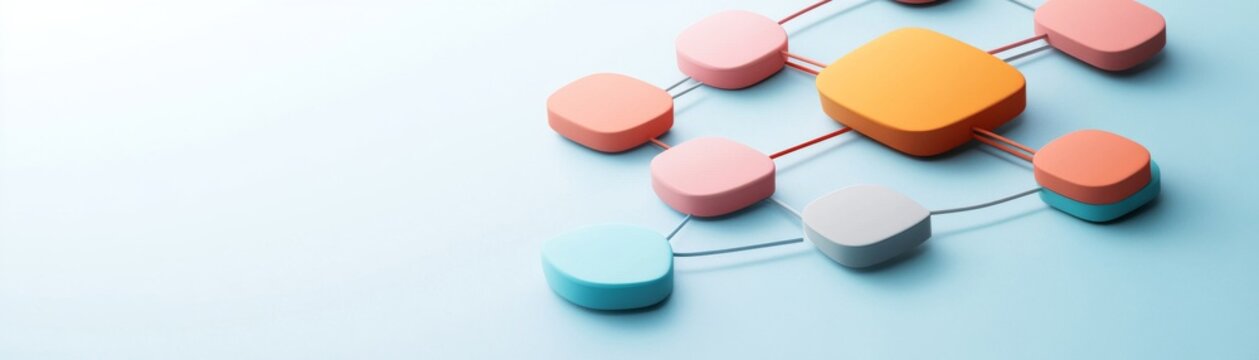 Abstract 3D Network Pastel rounded blocks with central orange hub, colorful lines on light blue. Visualizing data flow, system connection and digital concepts. Network, Data