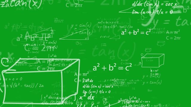 Hand-drawn White Mathematical Formulas And Geometric Shapes Floating And Moving Across A SOLID Green Background, Featuring Algebra Equations, Calculus Integrals, Trigonometry Functions, And Physics Di