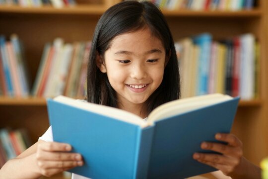 Young girl reading book in school library with blue cover bookshelf background