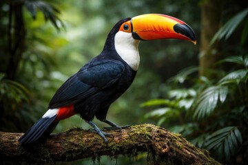Fototapeta premium Full length view of a solitary Toco toucan displaying colorful plumage