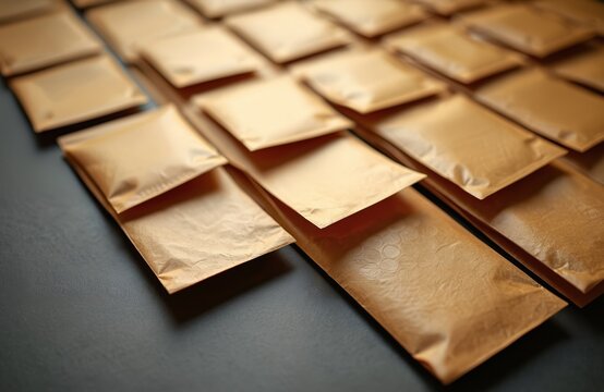 Rows of blank brown bubble mailers lie on dark surface. Many padded envelopes wait for postal shipping. Ready for package contents, safe delivery supplies for business.