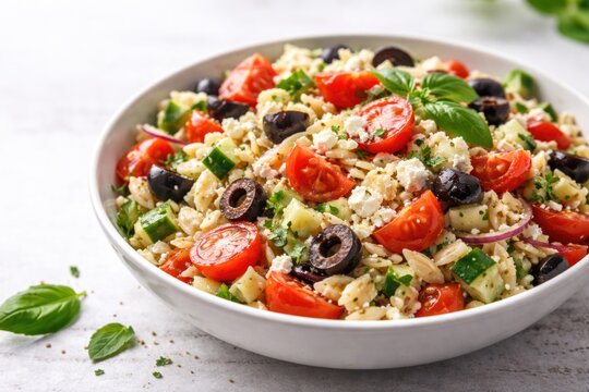 Delicious orzo pasta salad mixed with feta olives and ripe tomatoes isolated with copy space