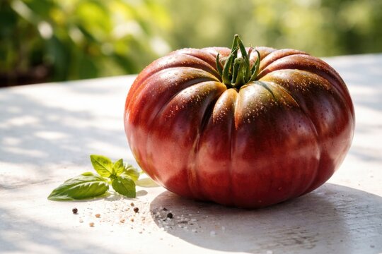 Sunlit ancient beefsteak tomato variety Cherokee purple on white table with copy space
