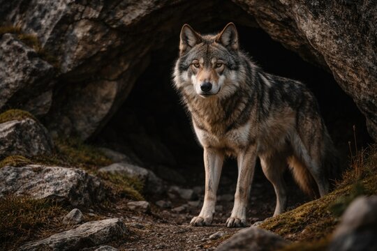 Wild wolf standing alert beside rocky mountain den entrance