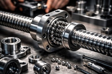 Naklejka premium Macro view showcasing the intricate assembly of spare parts in CNC ball screw manufacturing