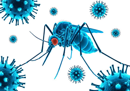 A blue mosquito surrounded by blue virus particles on transparent background