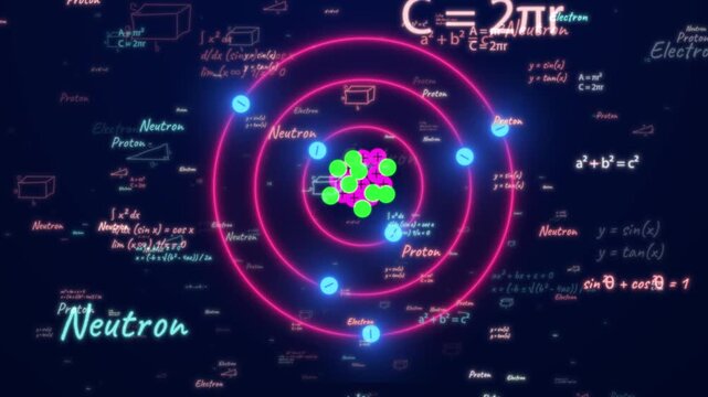 Detailed 3d Animation Of A Glowing Neon Atomic Model With Orbiting Blue Electrons On Pink Paths, Surrounded By Floating Mathematical Formulas, Scientific Equations, And Geometry Symbols On A Dark Blue