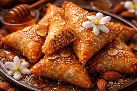 Detailed close up of honey coated almond briouats with cinnamon and orange flower water filling
