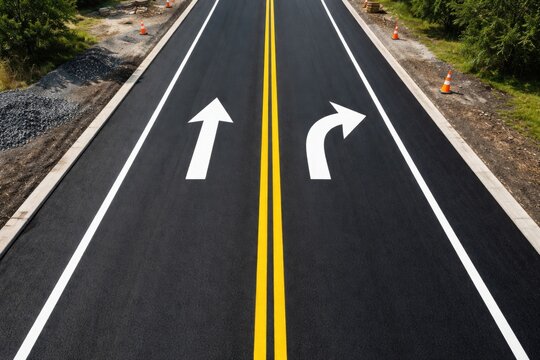 Birds eye view of recently sealed asphalt roadway with painted navigation arrows and clear median line highlighting vehicle direction and restoration efforts