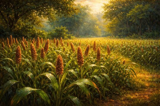 Oil painting of a vibrant ragi field with lush green background