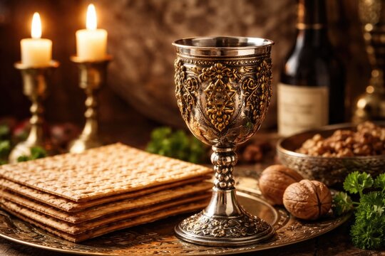 Decorated Passover wine cup with matzah symbols for festive Pesach celebration