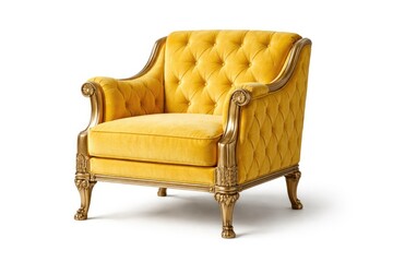 Fototapeta premium Classical art deco armchair with quilted yellow upholstery and ornamental brass legs isolated on white backdrop