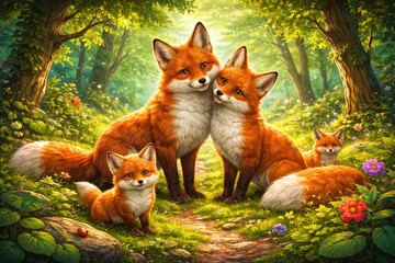 Obraz premium Bright kids illustration of a fox family in a lush forest setting