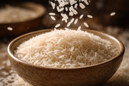 Close up of rice grains falling into a ceramic bowl