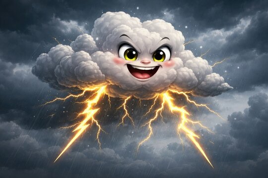 A playful cartoon thundercloud with jagged lightning bolts under overcast skies