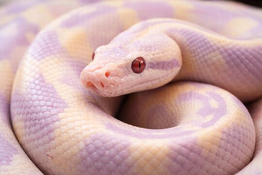 Close up of a pastel lavender albino ball python