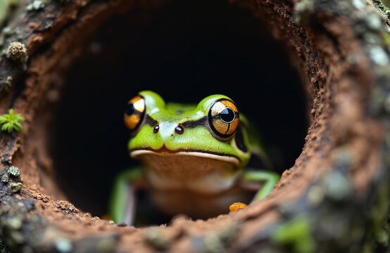 Green tree frog peers from hollow log. Vivid orange eyes watch from dark tree cavity. Tiny amphibian hides in natural forest shelter. Small creature waits in woody refuge. Close up wild animal.