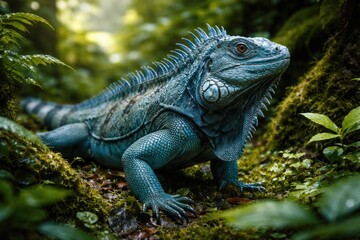 Obraz premium Threatened Blue Iguana species exploring lush forest undergrowth