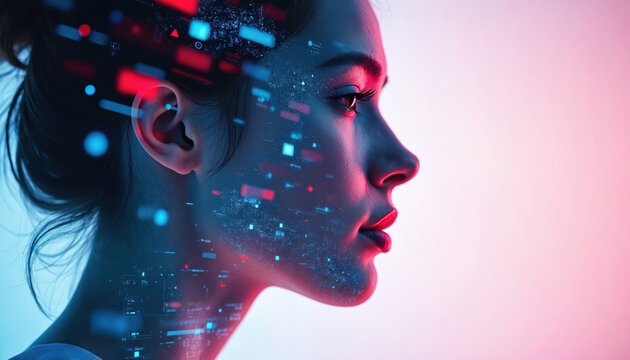 Woman with digital data overlay on profile. Abstract futuristic concept of AI and human connection. Abstract tech data mind stream. Blue and red neon glow.
