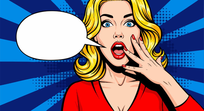 Pop art blonde woman with surprised face expression, vintage comic book style girl with speech bubble, retro shocked lady on blue halftone background