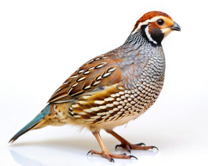 Obraz premium Brown and Blue Quail Standing on White Surface. 