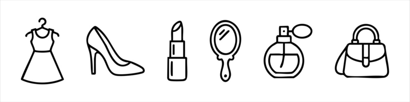 Set of fashion and beauty line icons featuring dress, high heels, lipstick, hand mirror, perfume bottle, and handbag for women's style and shopping concepts.
