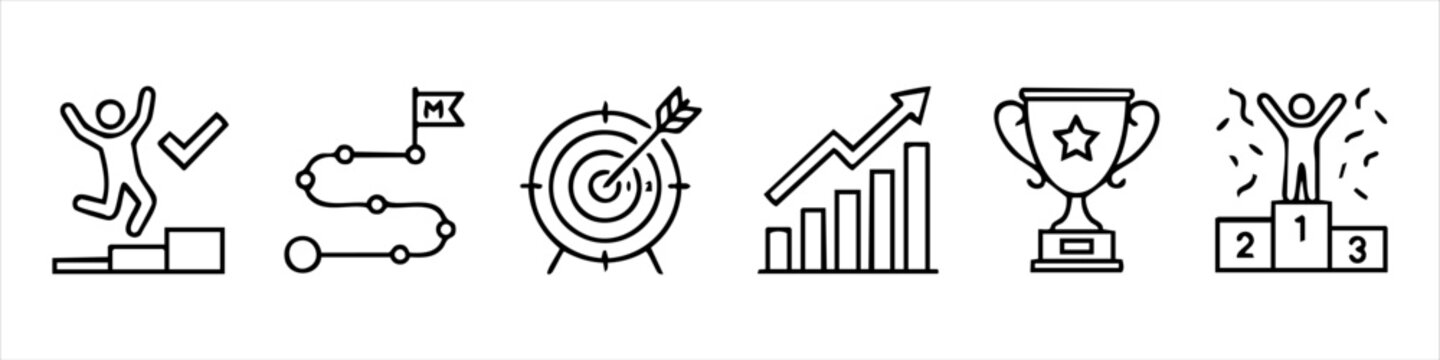 Achievement and Business Success Line Icons Set: Concepts of Goal Reaching, Growth Progress, Roadmap Planning, and Victory Celebration