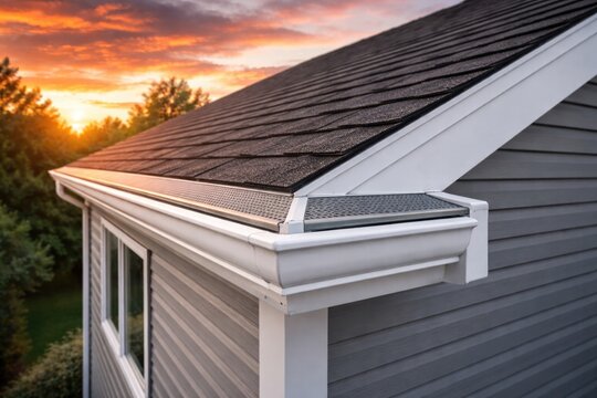 Gray vinyl siding fascia and soffit with white frame gutter guards on sloped attic roof under vibrant sunset