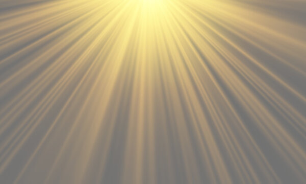 Soft golden sunbeams falling from top. Vector transparent heavenly rays with warm glow and realistic sunlight illumination effect.