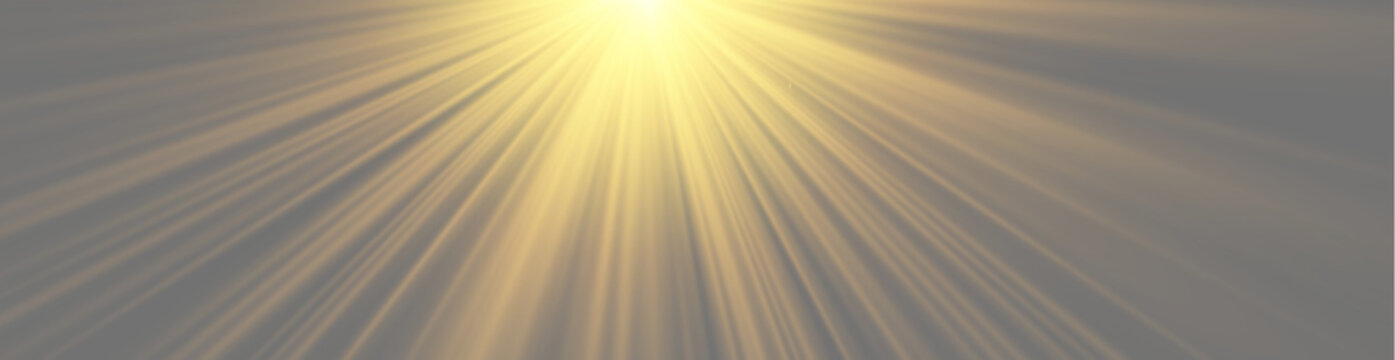 Panoramic golden sunlight rays effect. Vector transparent warm sun beams with bright glow and shining flare isolated on top.