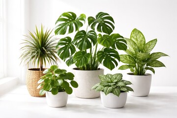 Obraz premium Set of green leafy plants placed on a plain white backdrop with soft daylight for product showcase