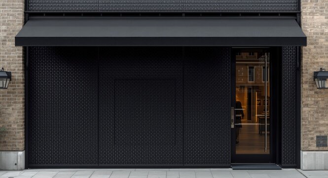 Stylish steel textured black awning accentuating building door facade