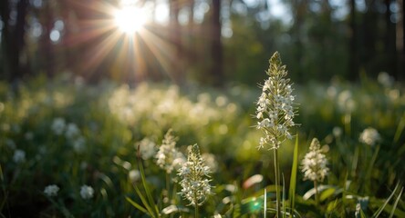 Naklejka premium Sunlit white flowers in a forest with blurred greenery and copy space