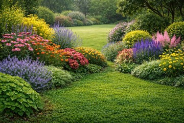 Obraz premium Detailed composition of colorful perennials and shrubs on lush green ground cover with open copy space