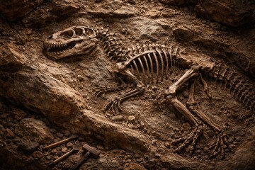 Naklejka premium Exposed dinosaur bones fossilized inside natural rock formation illustrating vanished organism