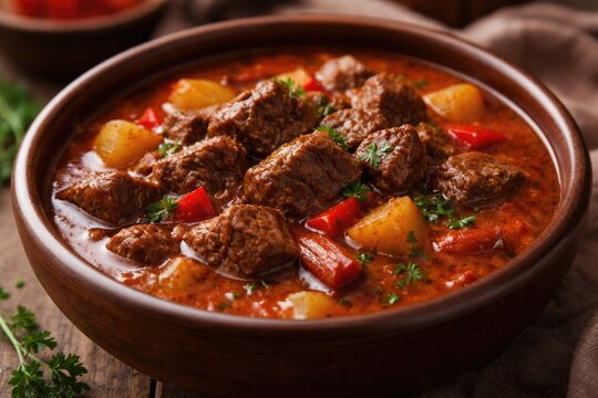 Close perspective on classic Hungarian goulash with tender beef and paprika in bowl