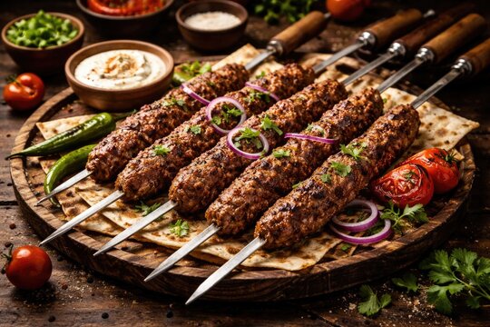 Traditional Asian grilled lamb lula kebab displayed on handcrafted wooden table for meat delicacy