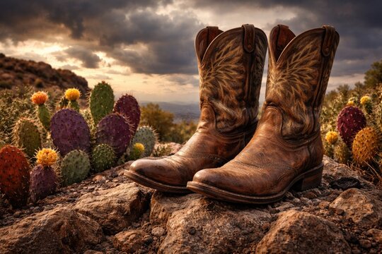 Vintage cowboy boots posed on rugged rocky terrain with colorful cacti under dramatic cloudy sky