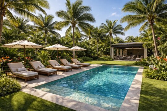 Stylish backyard design boasting palm trees, poolside lounging with lawn chairs