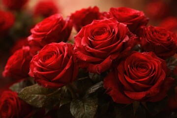 Naklejka premium Close up of a vibrant red roses bouquet with soft blurred background