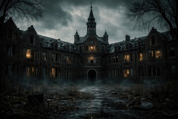 Fototapeta premium Creepy abandoned asylum with spooky atmosphere and broken windows