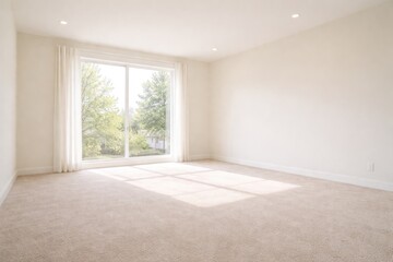 Fototapeta premium Bright empty room with carpeted flooring and big window offering copy space on pale walls