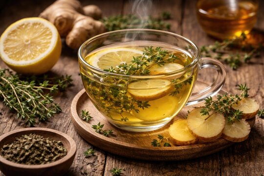 Comforting cup of green tea with ginger lemon and thyme resting on natural timber background