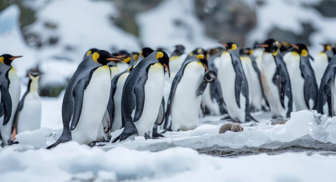 Wild king penguins amid snow and ice with spacious copy space section