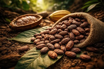Fototapeta premium Arrangement of raw cacao beans with earthy outdoor background