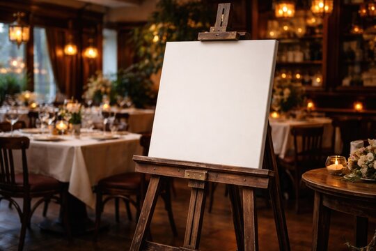 Vintage wood easel showcasing empty canvas amid inviting restaurant decor