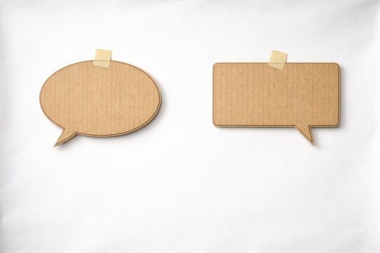 Simple white paper backdrop with two empty cardboard speech bubbles and spacious copy area for text