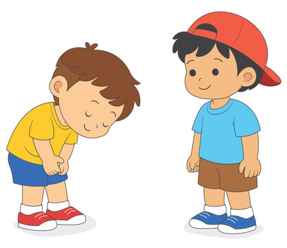 Kid saying sorry to friend, apology and forgiveness between children