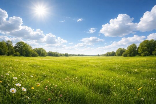 Bright sunny day over a lush green meadow with white fluffy clouds and horizontal landscape ideal for text overlay